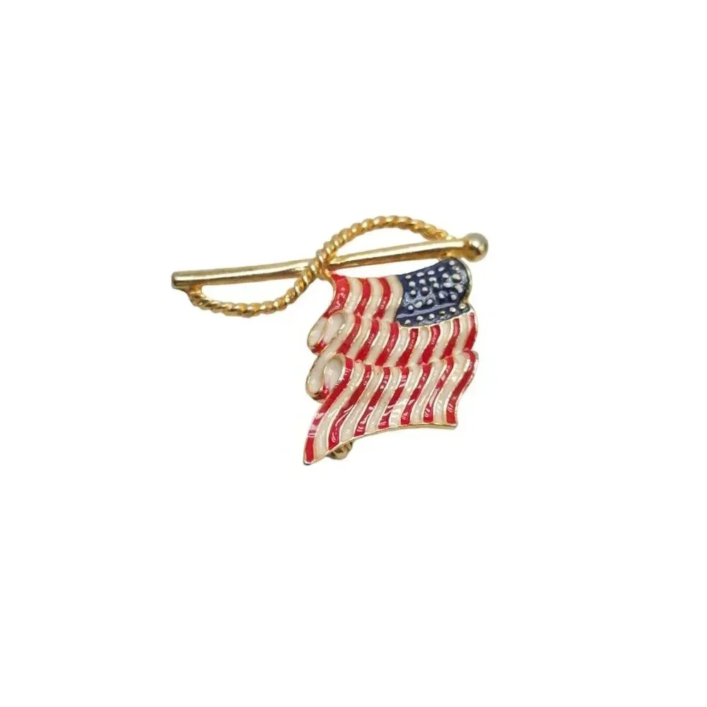 American Hand Painted USA Flag Brooch Pin Gold Tone Vintage